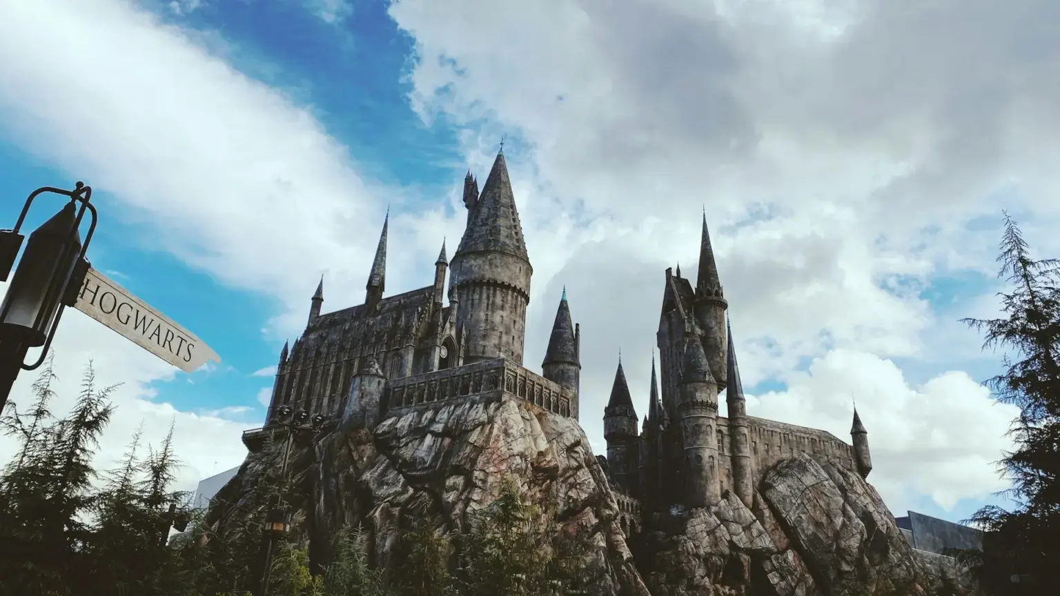image of the exterior of the hogwarts castle seen from below